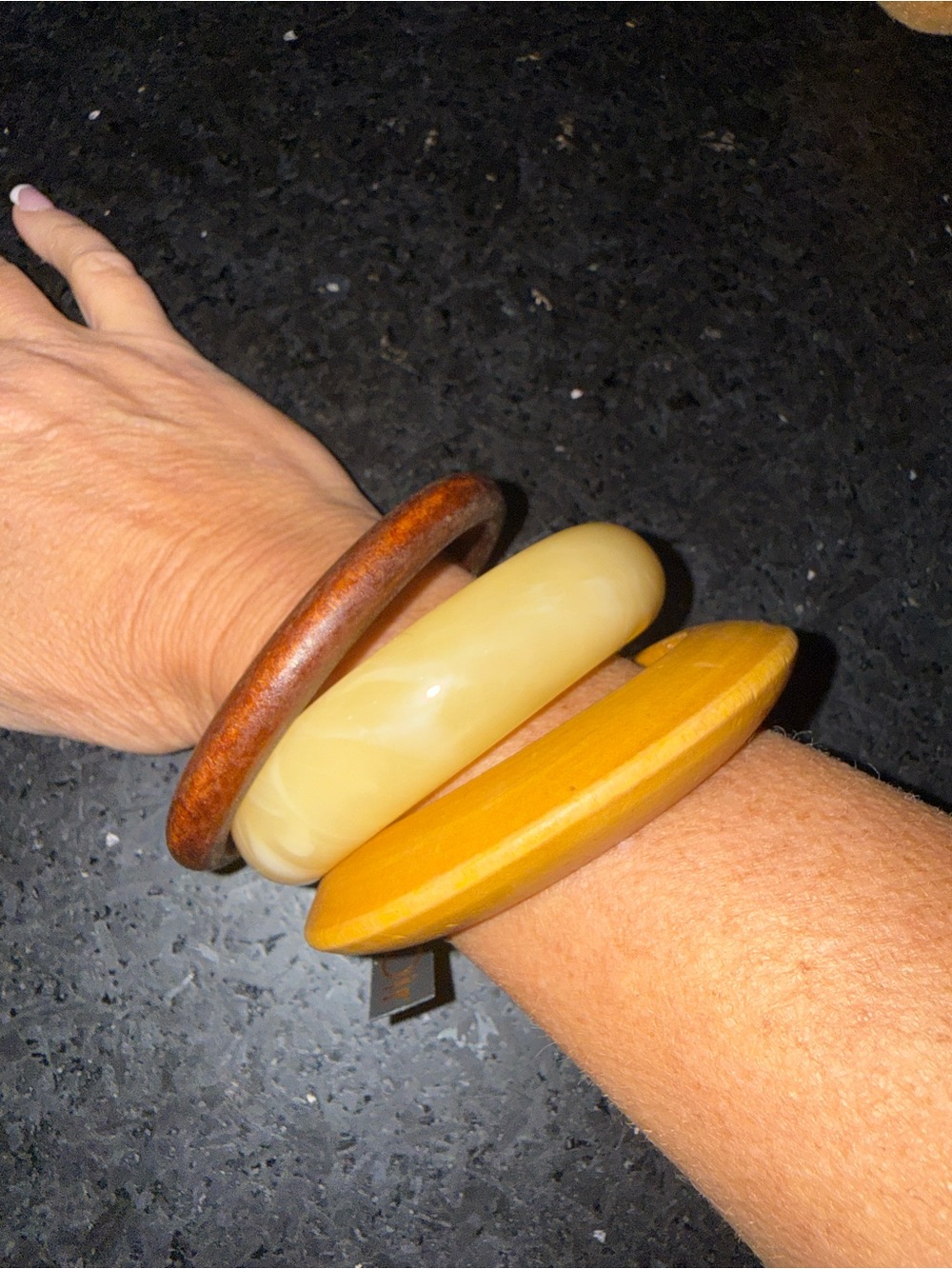 NEW NOIR 3 Piece Vintage-Inspired Yellow, Cream & Wood Brown Bangle Bracelet Set